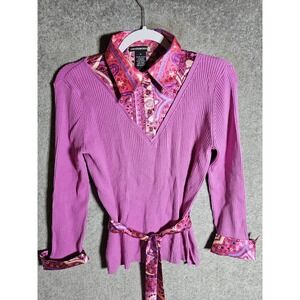 Sweaterworks Silk Blend Ribbed Knit Y2K Top Womens Medium Pink Floral 3/4 Sleeve